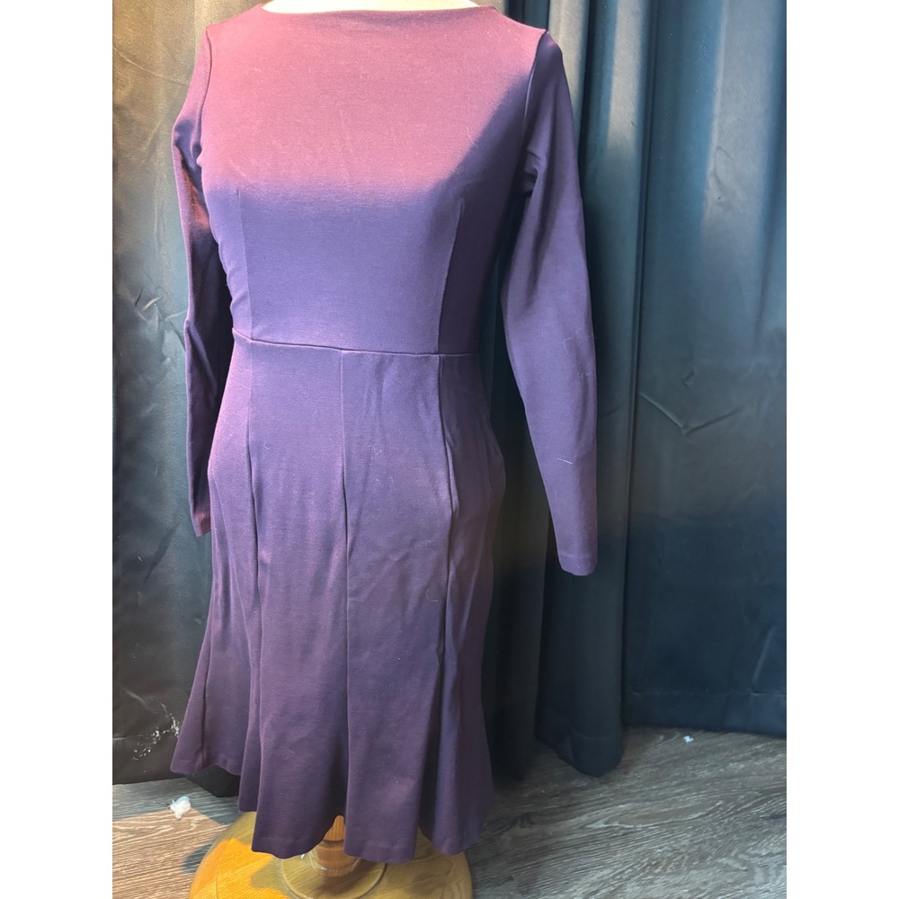 Ann Taylor Petite Purple Long Sleeve Boat Neck Flounce Hem Sheath Dress 0P